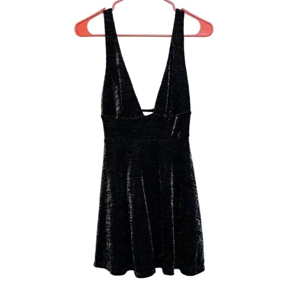 Urban Outfitters Plunging Neck Semi Sheer Mini Dress Metallic Black & Silver XS